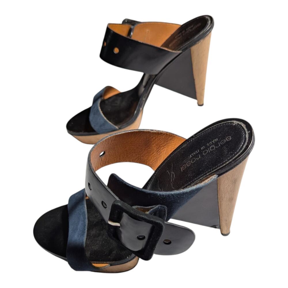 Sergio Rossi Navy Blue Suede Black Leather Wooden Heel Slide Sandals 40 9.5 - Picture 6 of 6